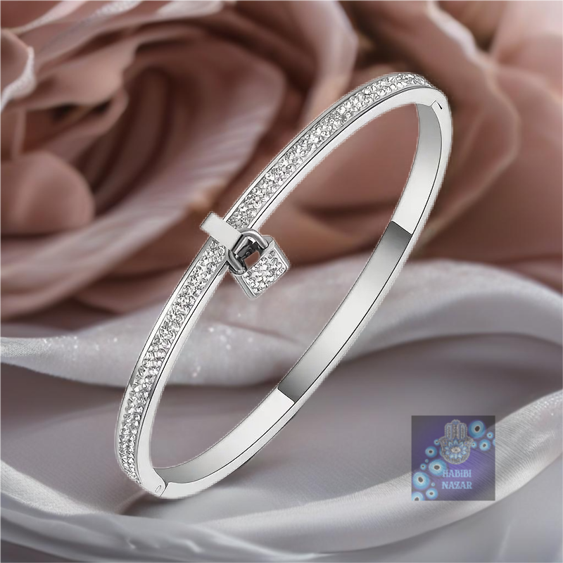 Luxury Crystal Stone Bangle with Lock Pendant Charm